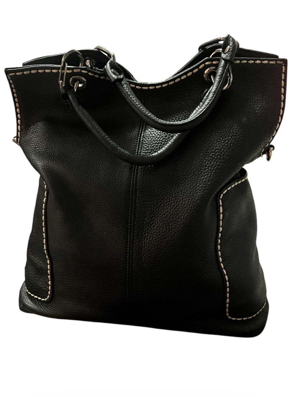 Plinio Visona Black Leather Tote with Contrast Stitching Made Italy